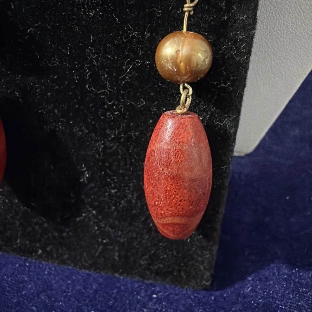 Vintage 14K G.F Red Coral Freshwater Of Pearl Dangle Hook Earrings